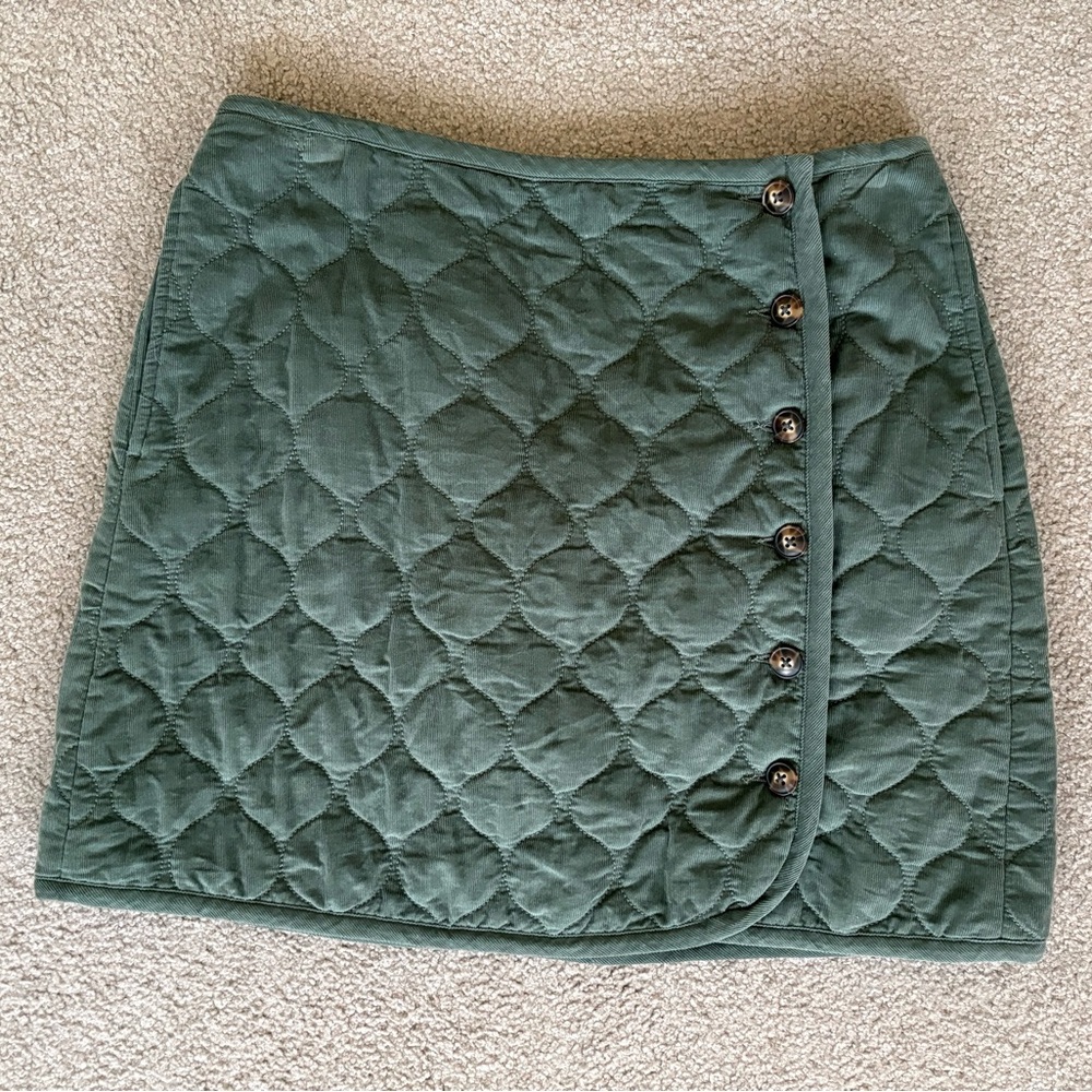 Madewell Quilted Green Mini Skirt with Button Detail